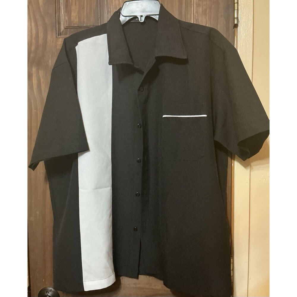 Steady Clothing Mens Bowling Shirt L Black White Poplin Single Panel Rockabilly